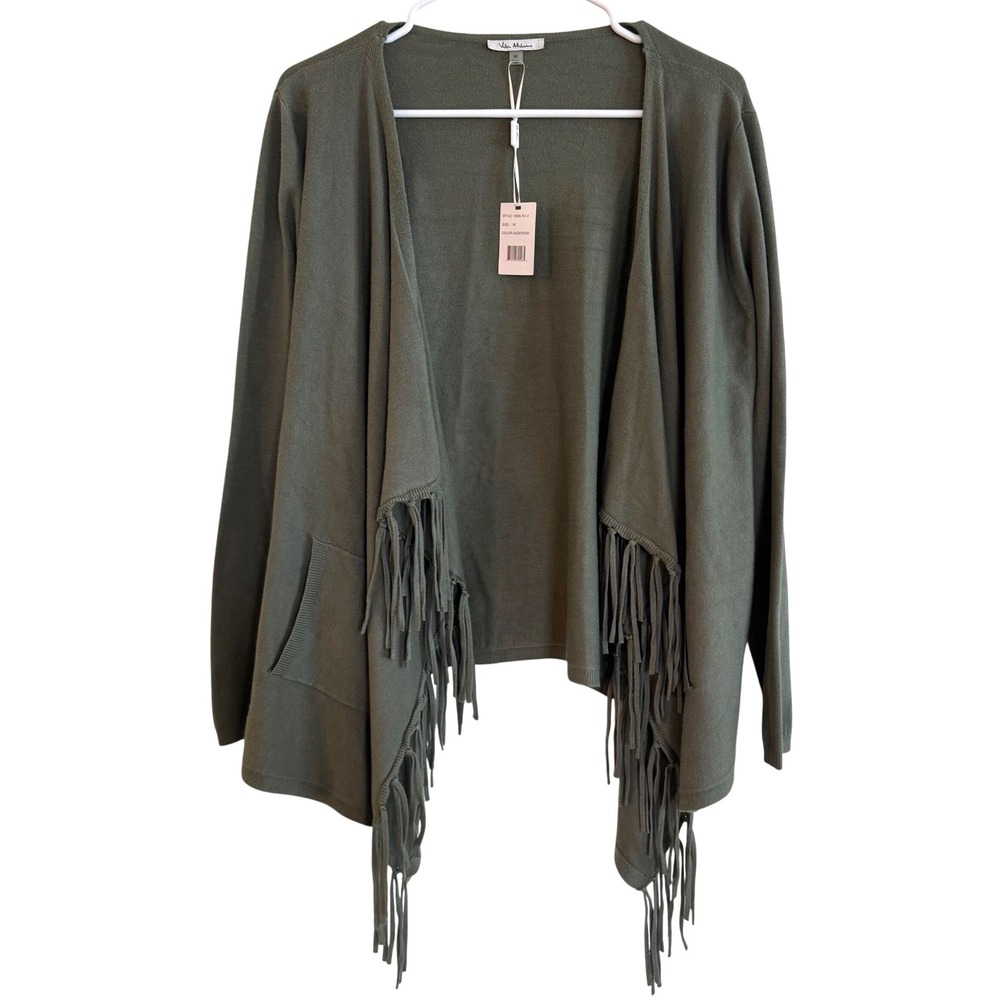 Vila Milano Sagewood Fringe Open Front‎ Cardigan Pockets Boho Fringe Size M NWT